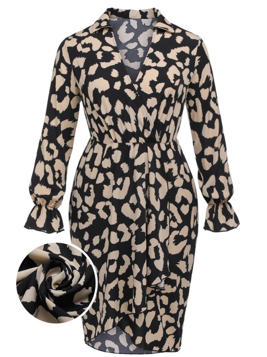 Clothing Retro Stage | [Plus Size] 1960S V-Neck Leopard Pencil Dress Multicolor