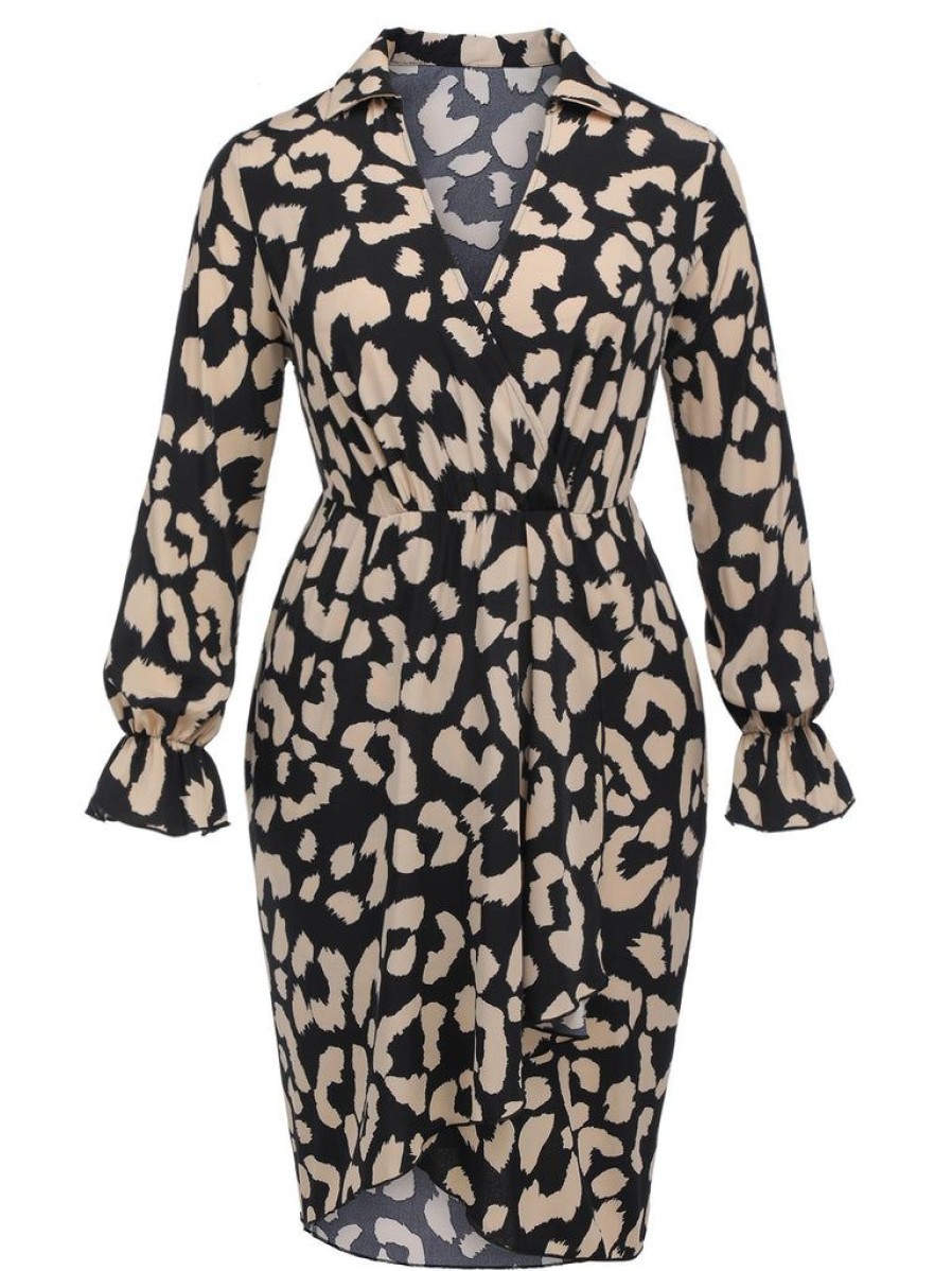 Clothing Retro Stage | [Plus Size] 1960S V-Neck Leopard Pencil Dress Multicolor