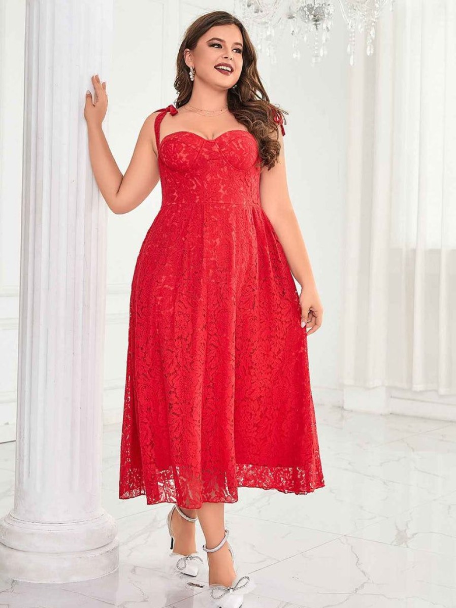 Clothing Retro Stage | [Plus Size] 1950S Strapless Lace Dress Red