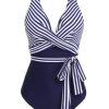 Clothing Retro Stage | 1950S Stripe Lace Up Patchwork One-Piece Swimsuit