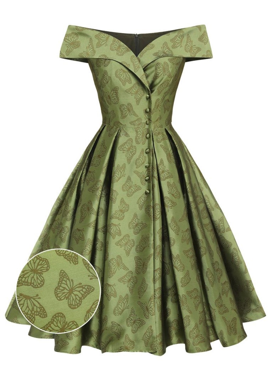 Clothing Retro Stage | 1950S Off-Shoulder Vintage Dress Green