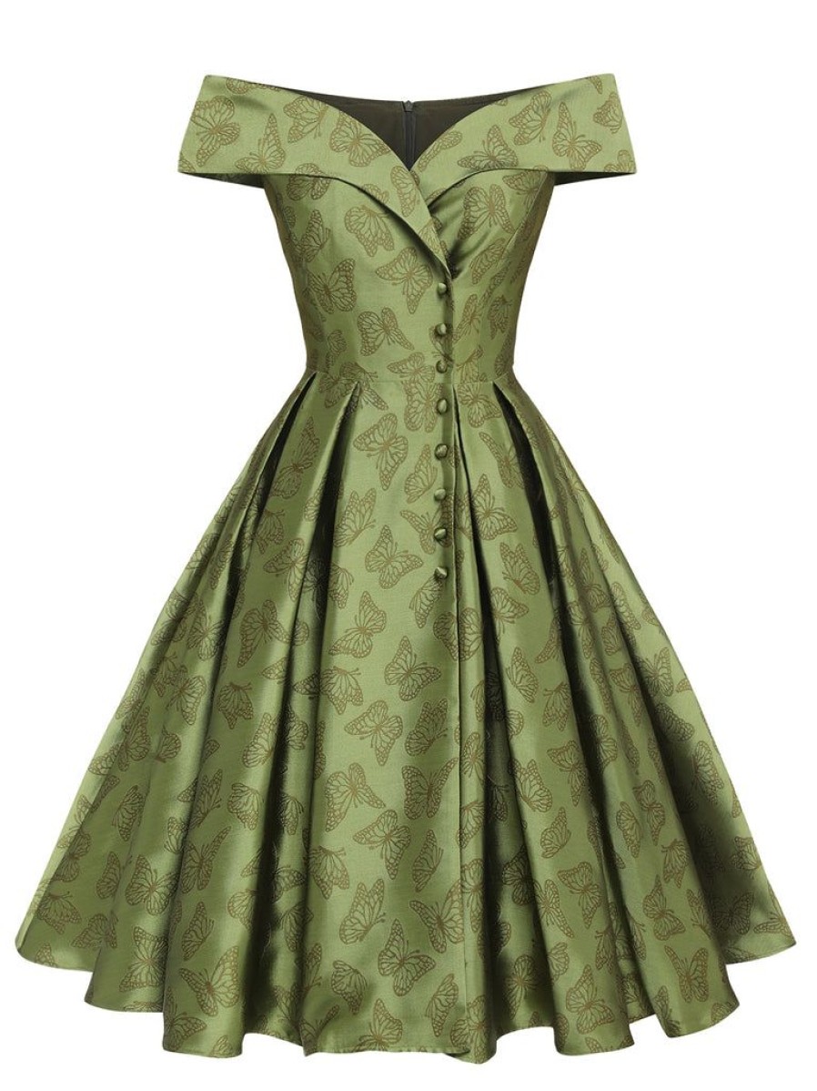 Clothing Retro Stage | 1950S Off-Shoulder Vintage Dress Green