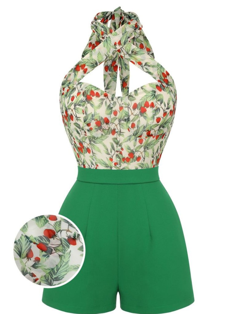 Clothing Retro Stage | 1950S Strawberry Halter Romper Green