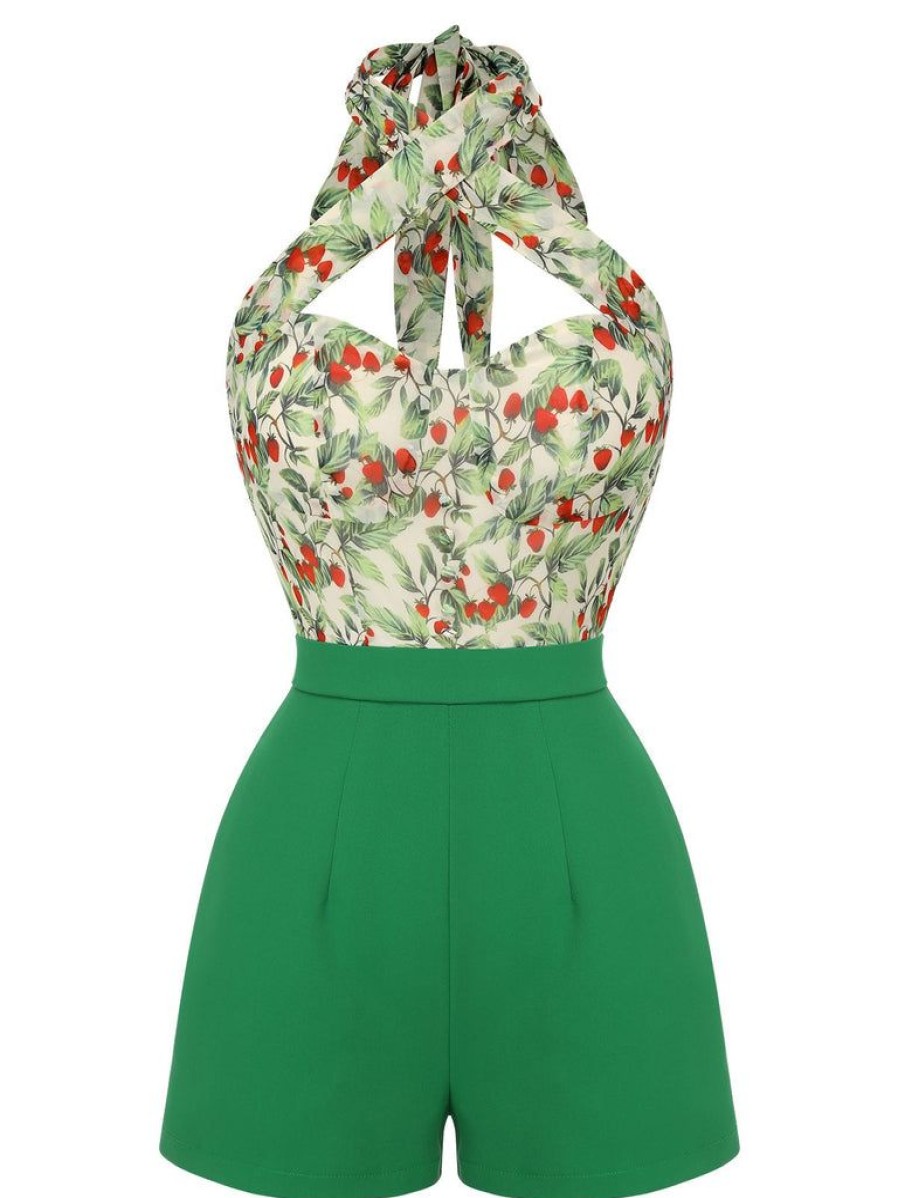 Clothing Retro Stage | 1950S Strawberry Halter Romper Green