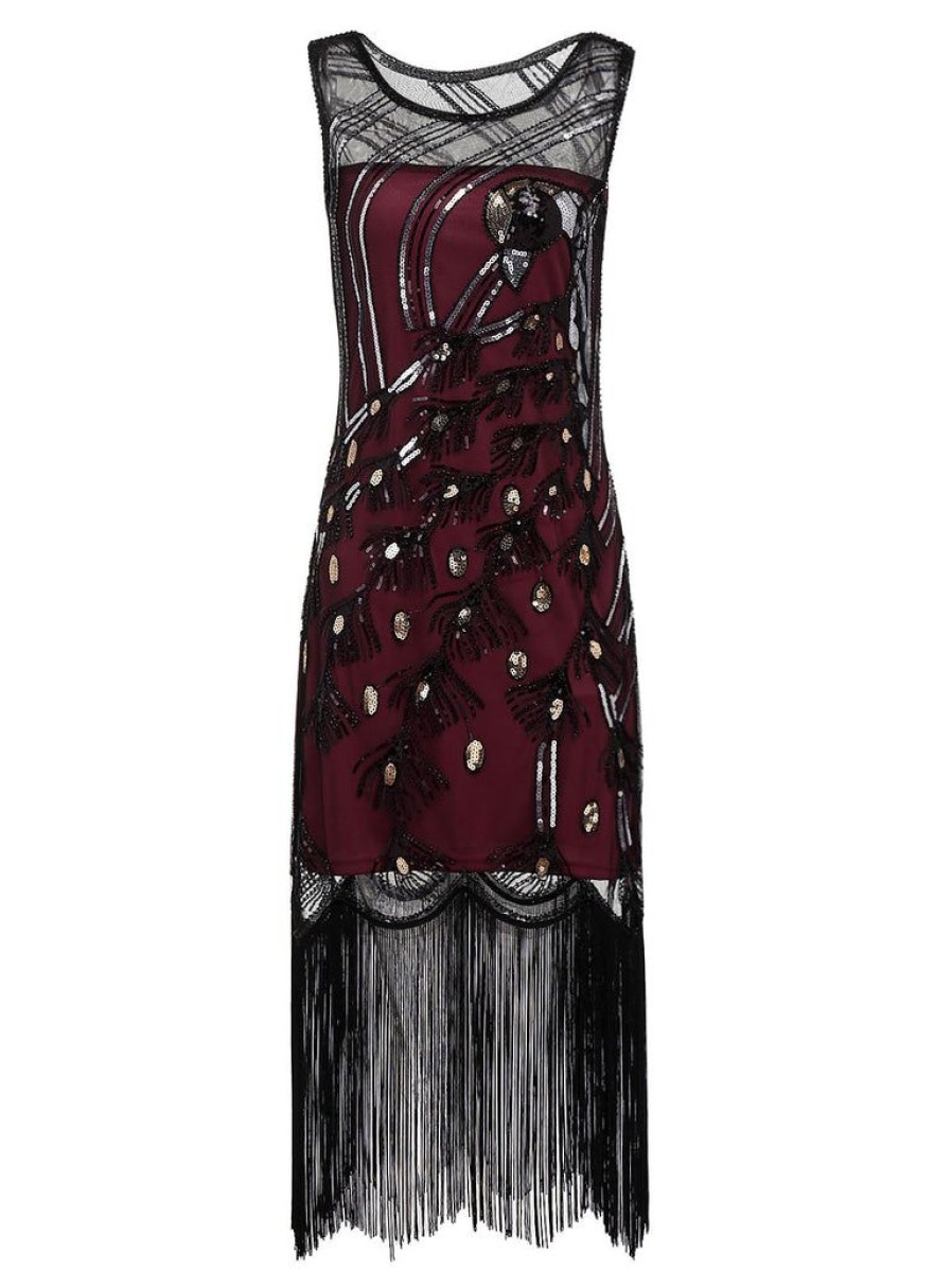 Clothing Retro Stage | 1920S Peacock Flapper Dress Wine Red