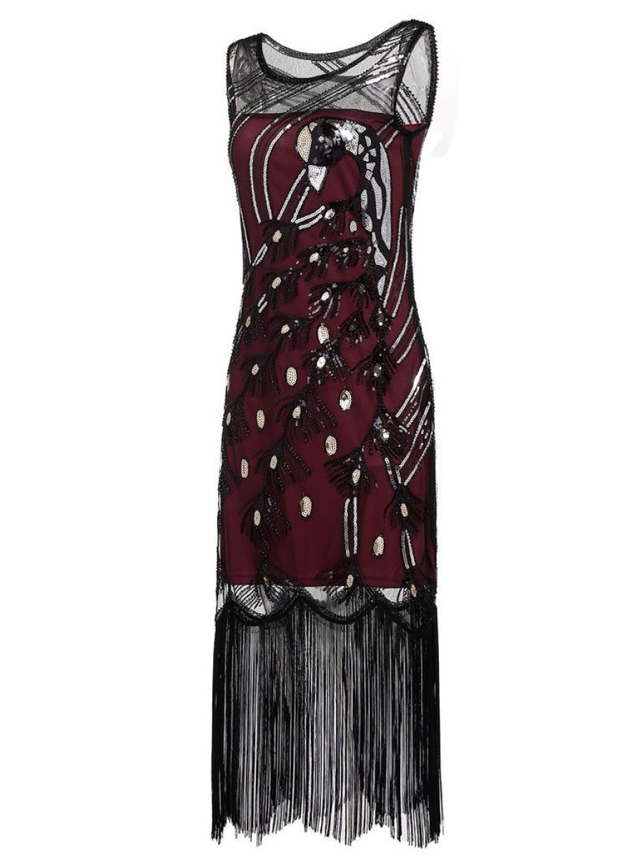 Clothing Retro Stage | 1920S Peacock Flapper Dress Wine Red