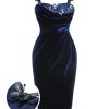 Clothing Retro Stage | Blue 1960S 3D Butterfly Velvet Pencil Dress Navy Blue