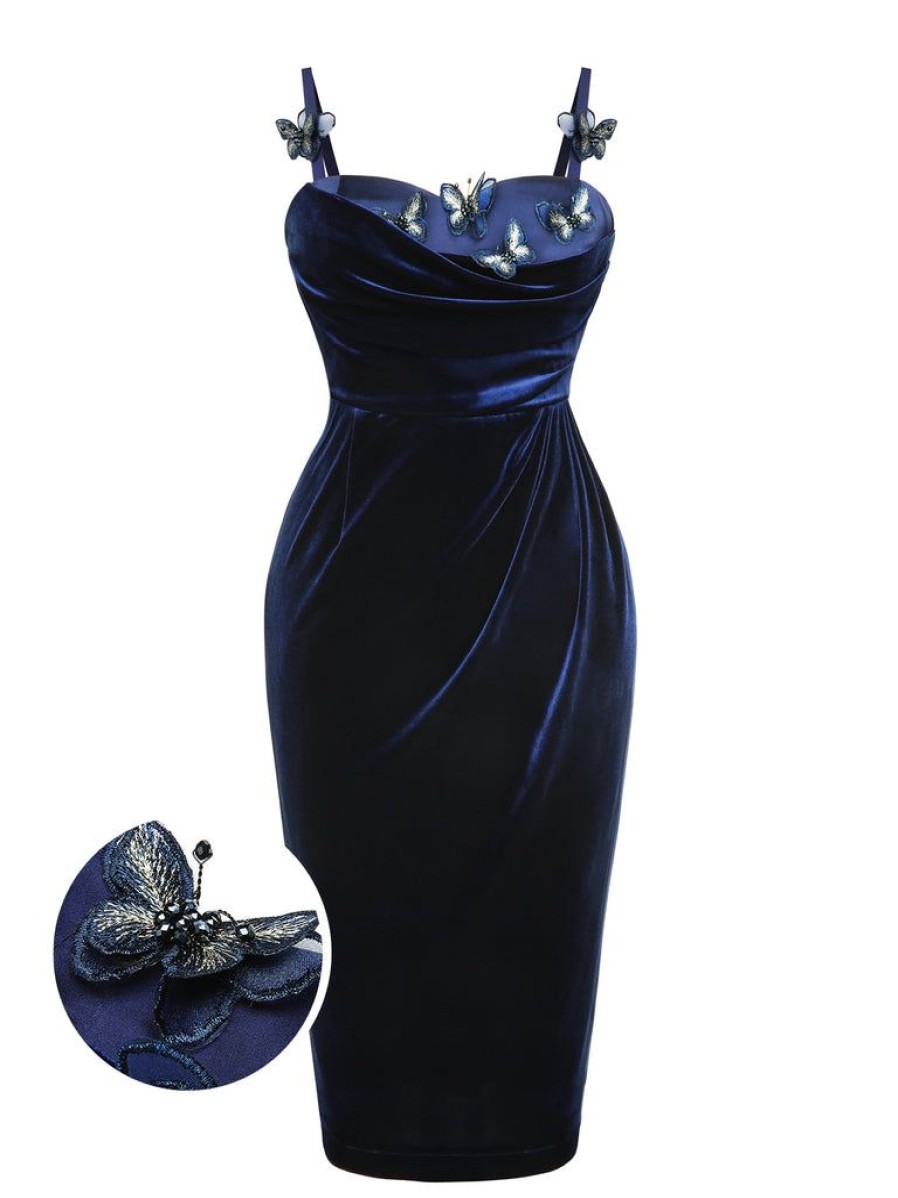 Clothing Retro Stage | Blue 1960S 3D Butterfly Velvet Pencil Dress Navy Blue