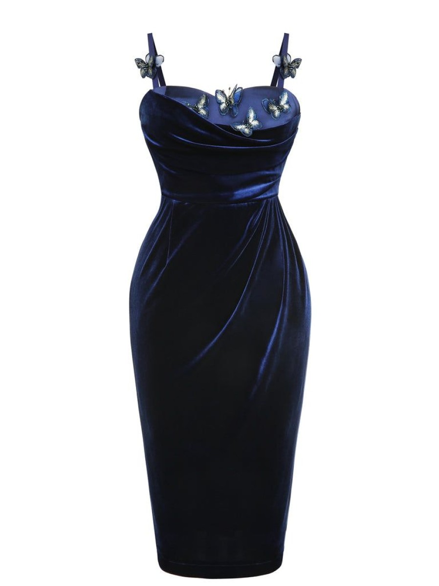 Clothing Retro Stage | Blue 1960S 3D Butterfly Velvet Pencil Dress Navy Blue