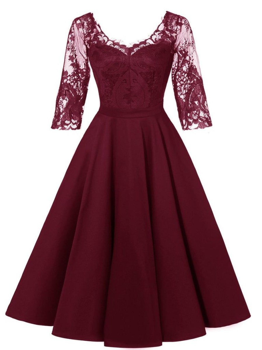 Clothing Retro Stage | 1950S Lace Half Sleeve Swing Dress Wine Red