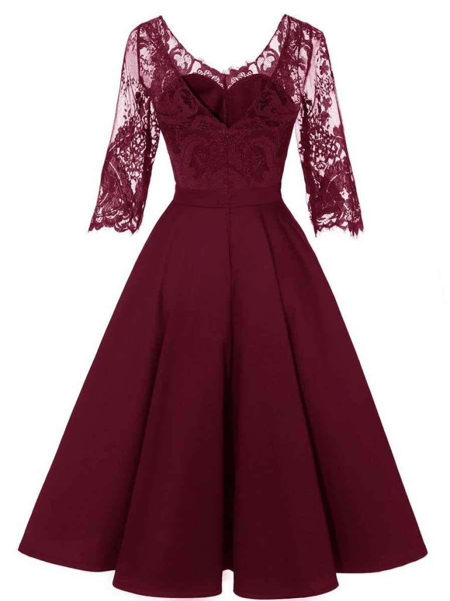 Clothing Retro Stage | 1950S Lace Half Sleeve Swing Dress Wine Red