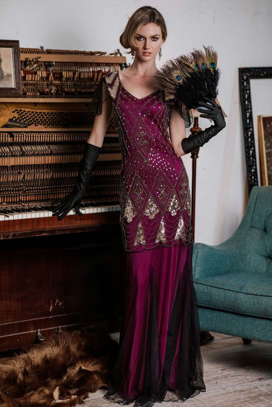 Clothing Retro Stage | 1920S Sequined Maxi Flapper Dress Rose Red