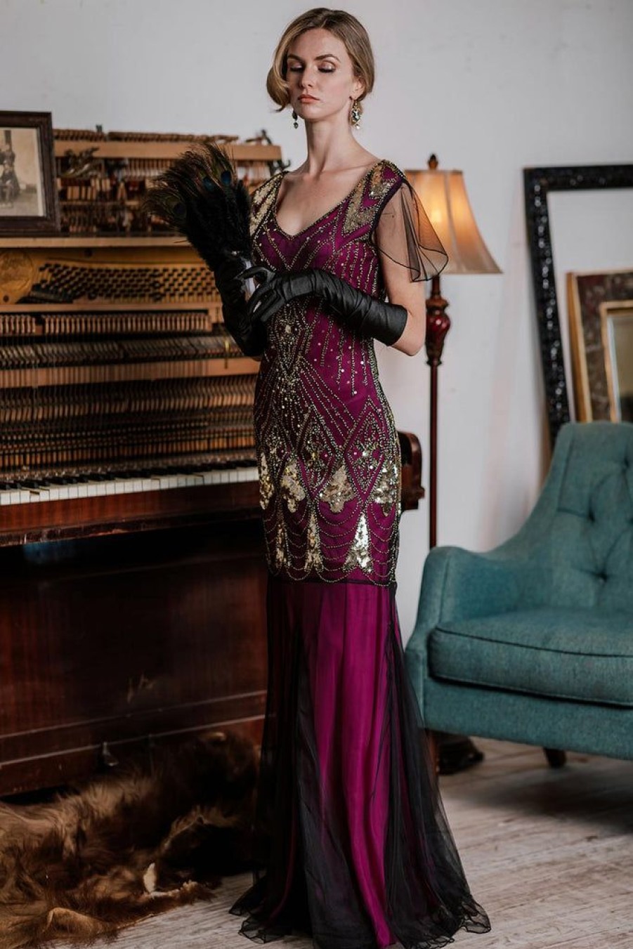 Clothing Retro Stage | 1920S Sequined Maxi Flapper Dress Rose Red