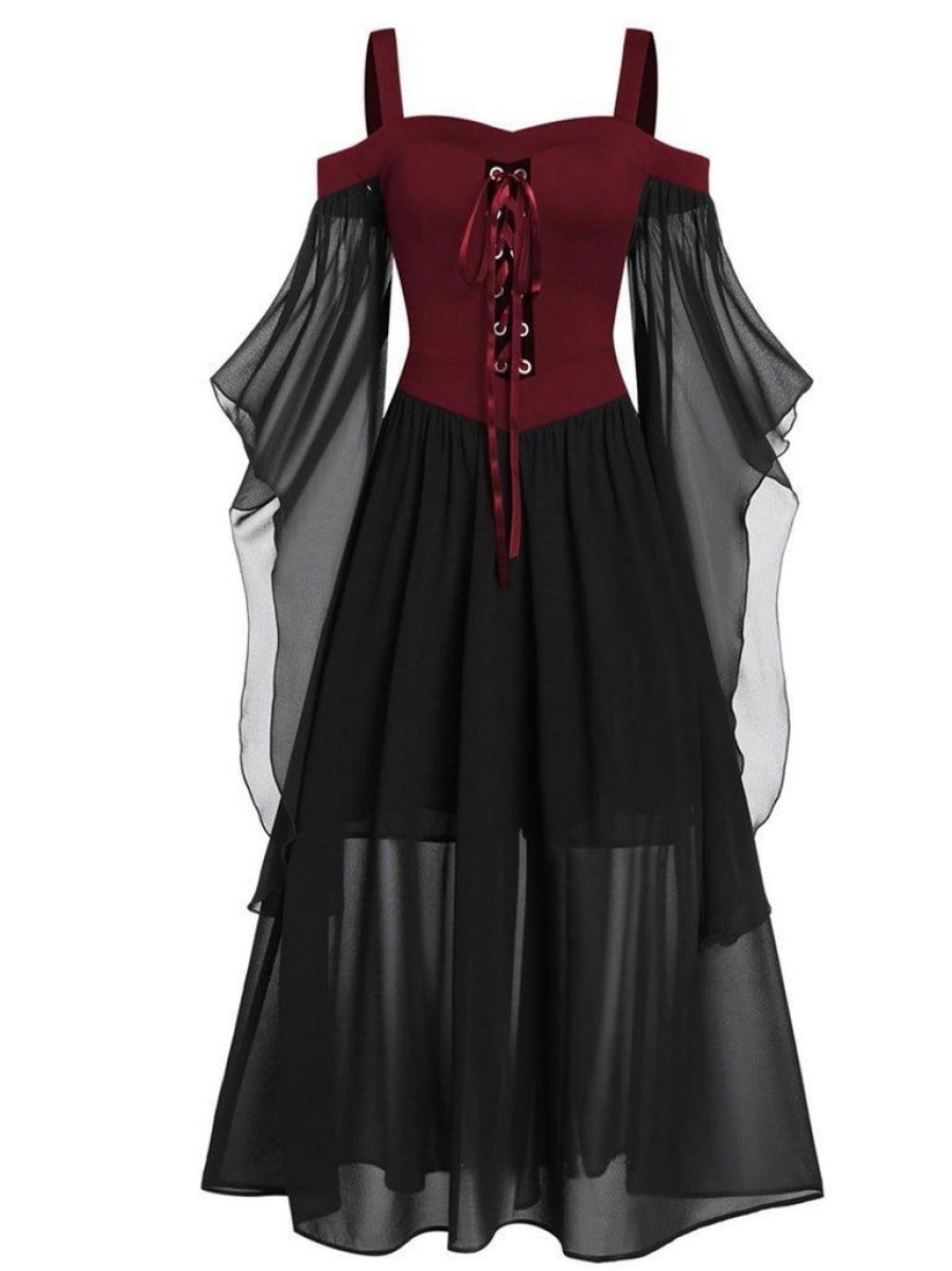 Clothing Retro Stage | [Plus Size] 1950S Suspender Contrast Color Chiffon Strap Dress