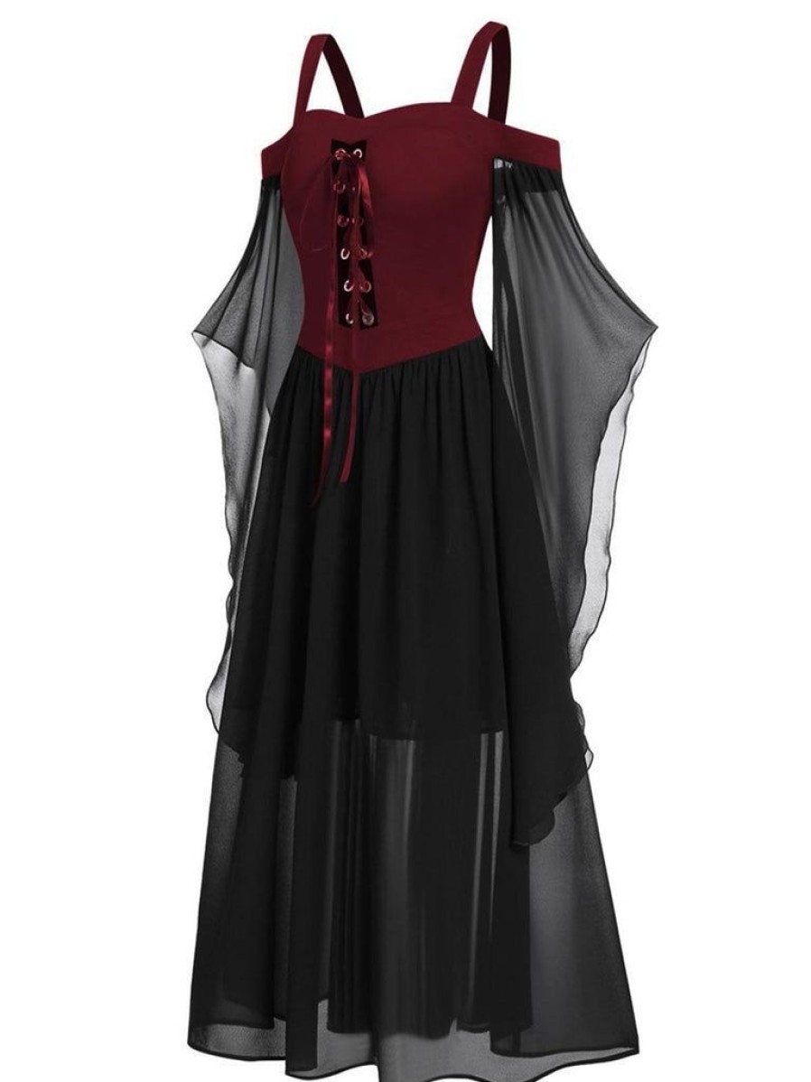 Clothing Retro Stage | [Plus Size] 1950S Suspender Contrast Color Chiffon Strap Dress