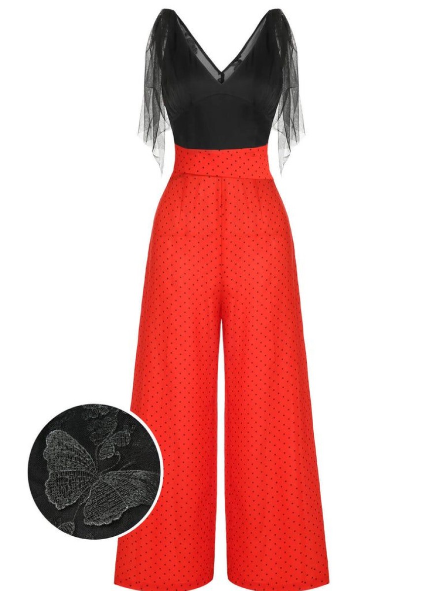 Clothing Retro Stage | 1930S Polka Dot Patchwork Jumpsuit Black & Red