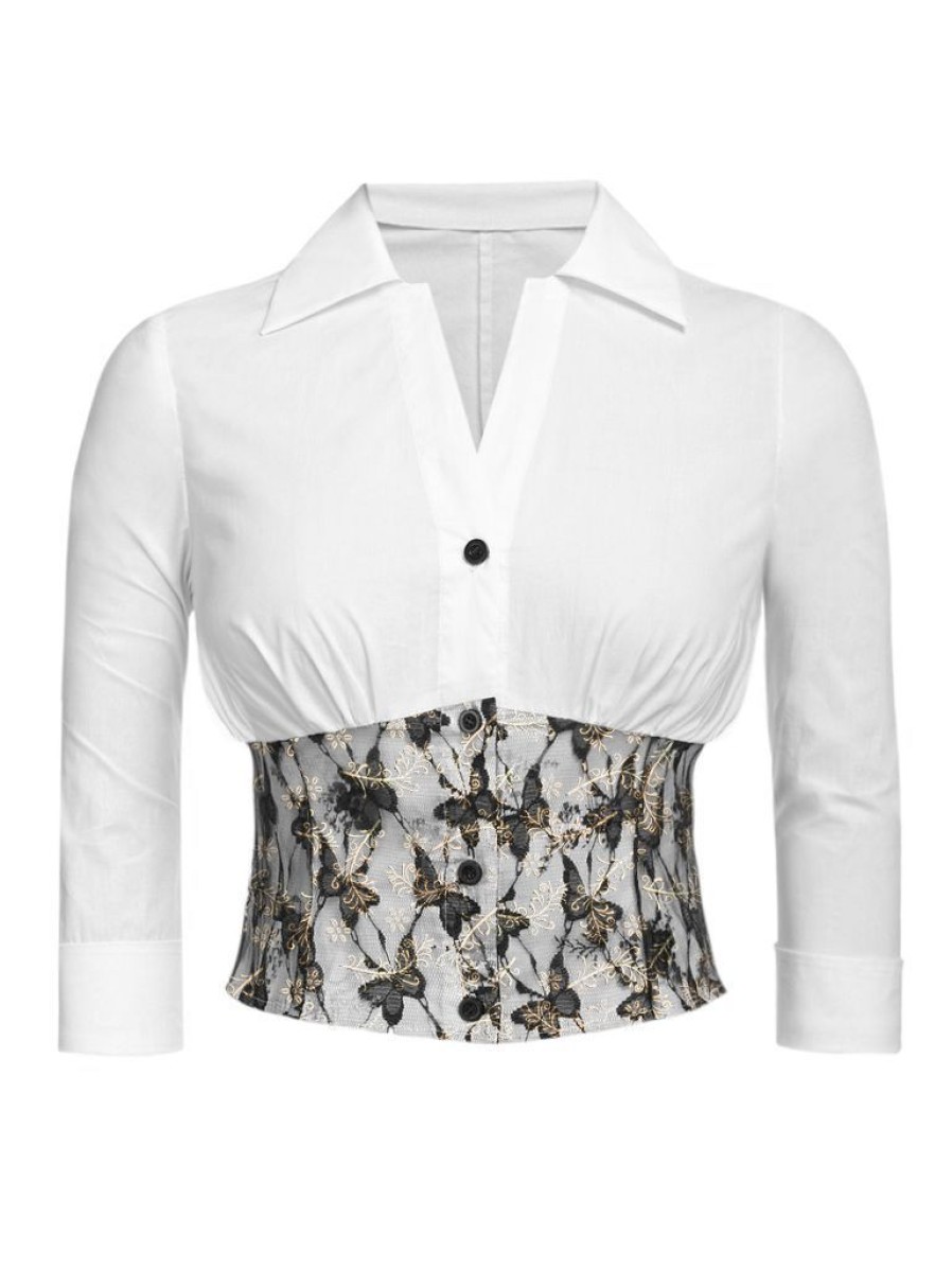 Clothing Retro Stage | Lace Butterflies Patchwork Blouse Top White