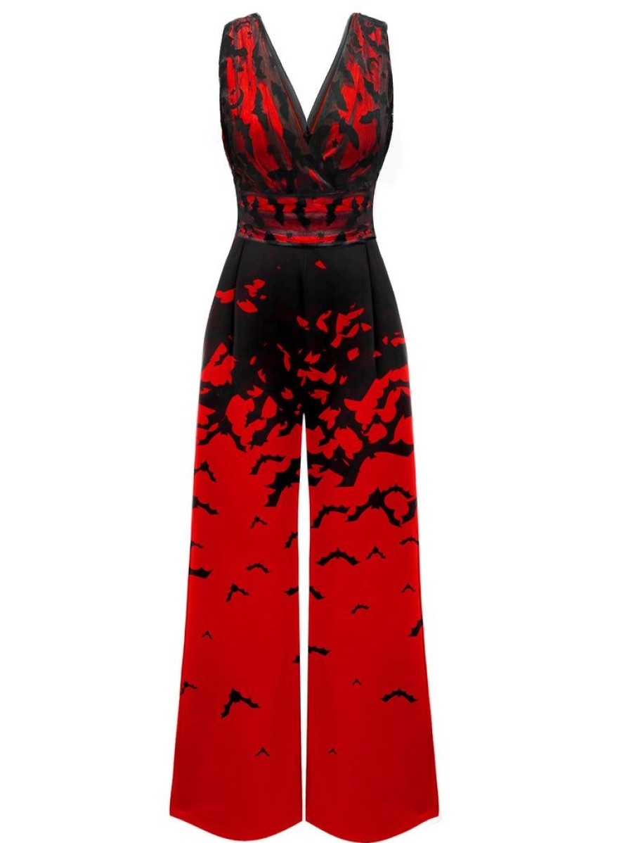 Clothing Retro Stage | 1930S Halloween V-Neck Bat Jumpsuit Red