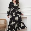 Clothing Retro Stage | [Plus Size] 1930S V-Neck Floral Lace-Up Dress Black