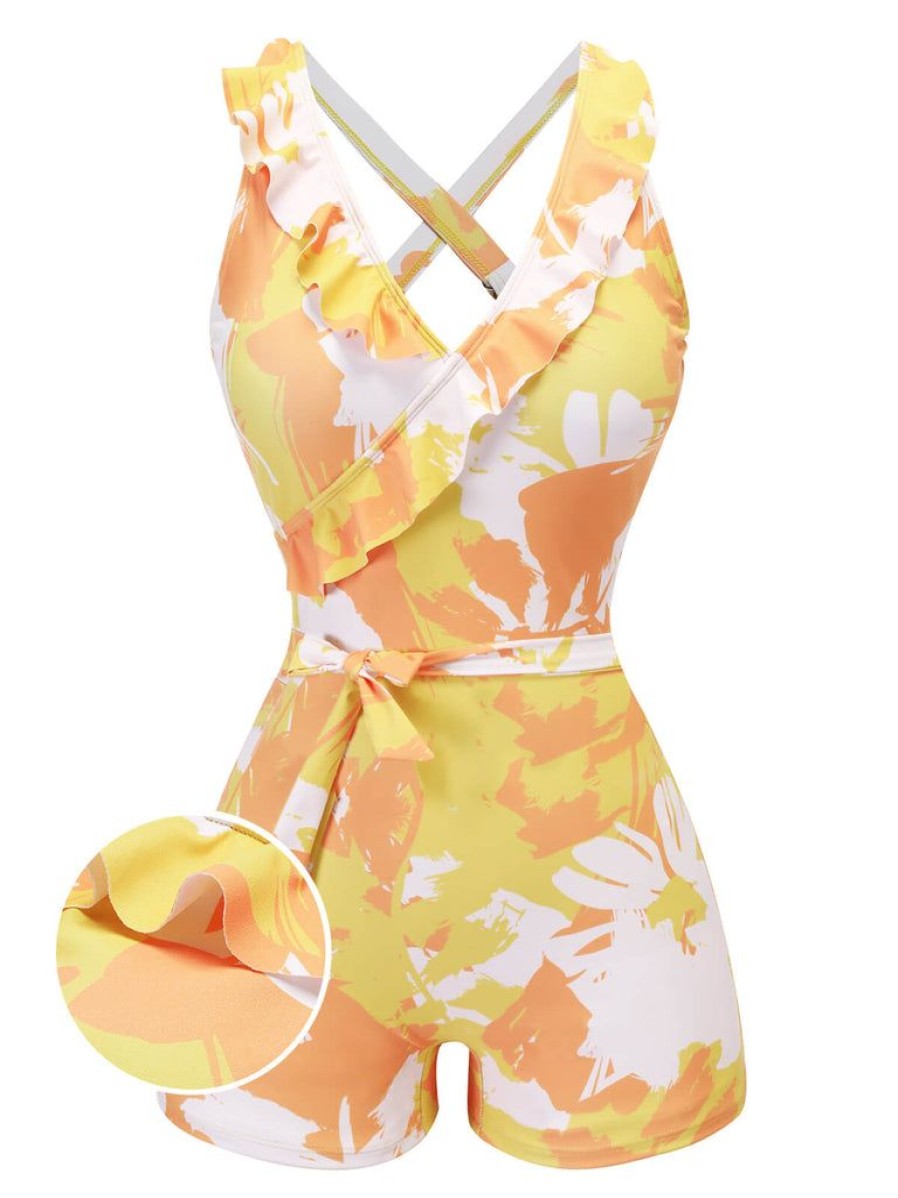 Clothing Retro Stage | 1940S Painting Plants Lace-Up Swimsuit Yellow