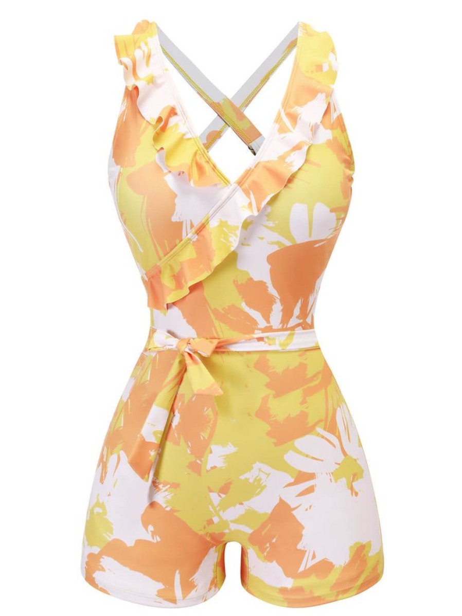 Clothing Retro Stage | 1940S Painting Plants Lace-Up Swimsuit Yellow