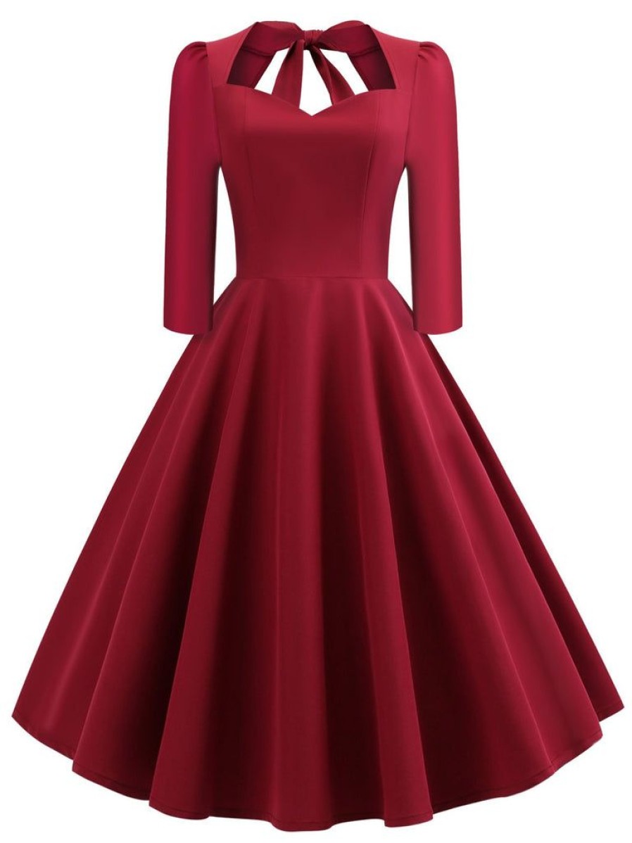 Clothing Retro Stage | 1950S Solid 3/4 Sleeve Dress