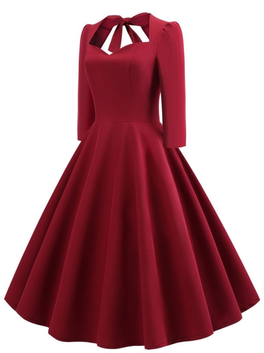 Clothing Retro Stage | 1950S Solid 3/4 Sleeve Dress