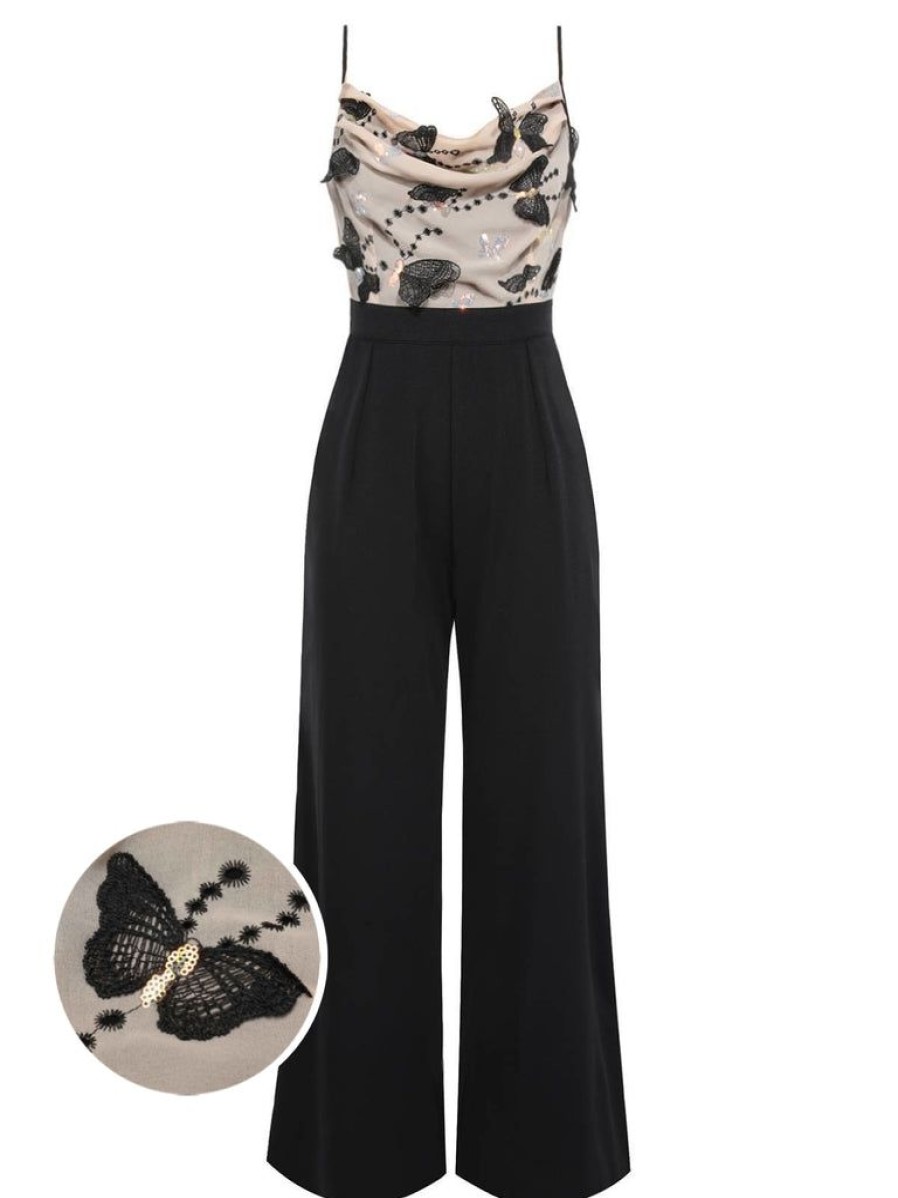 Clothing Retro Stage | 1930S Strap Butterfly Lace Patchwork Jumpsuit Black