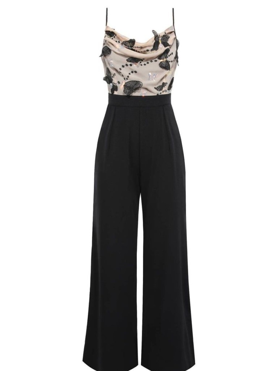 Clothing Retro Stage | 1930S Strap Butterfly Lace Patchwork Jumpsuit Black