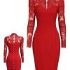 Clothing Retro Stage | 1960S Lace Long Sleeves Patchwork Dress Red