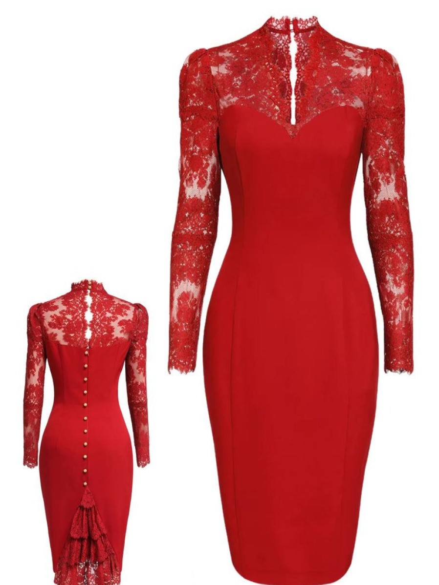 Clothing Retro Stage | 1960S Lace Long Sleeves Patchwork Dress Red