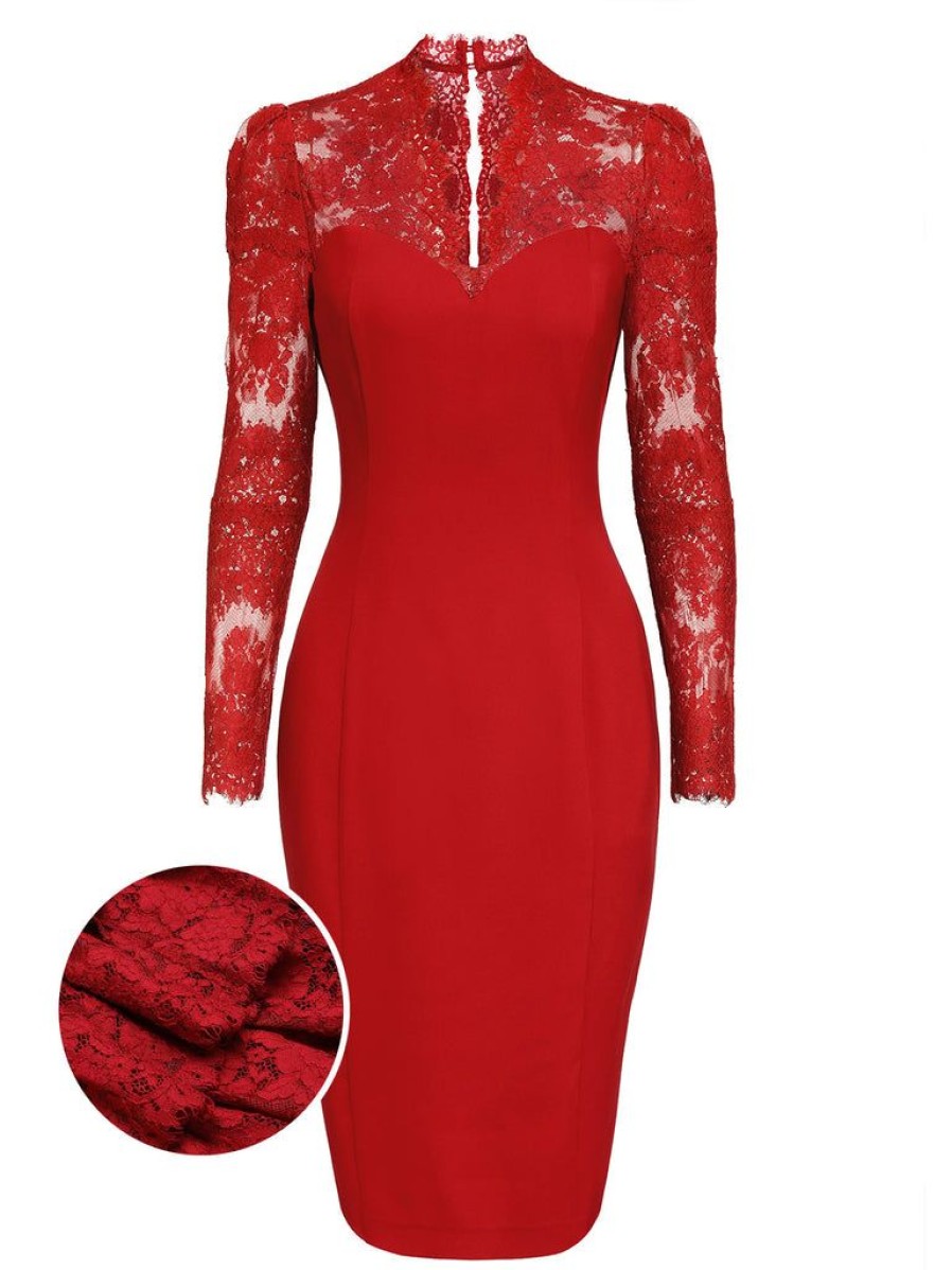 Clothing Retro Stage | 1960S Lace Long Sleeves Patchwork Dress Red