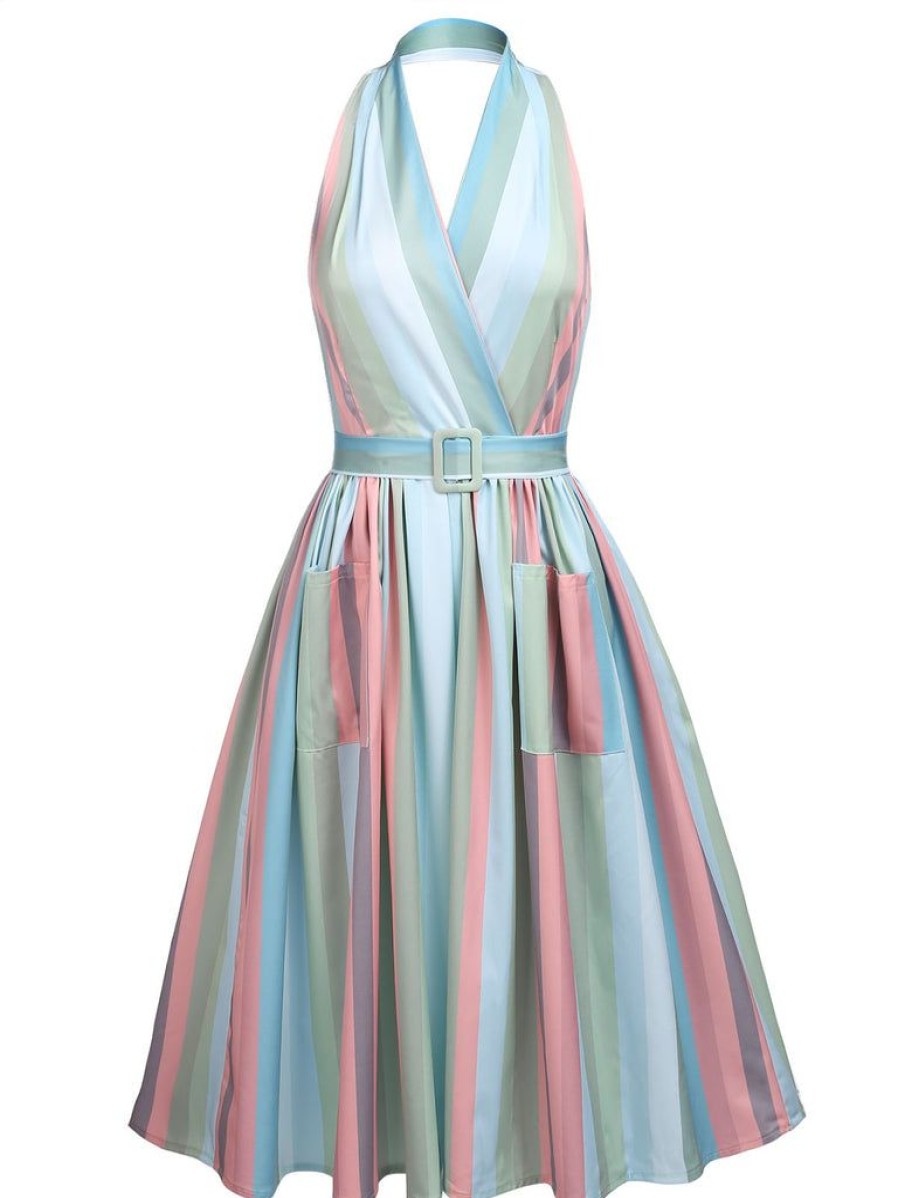 Clothing Retro Stage | 1950S Stripe Pocket Swing Dress Rainbow