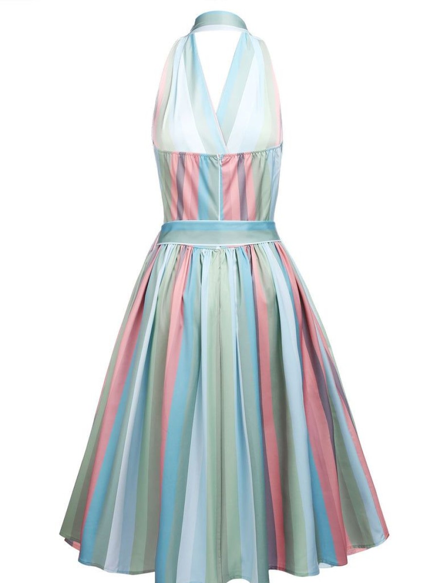 Clothing Retro Stage | 1950S Stripe Pocket Swing Dress Rainbow