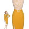 Clothing Retro Stage | 1960S Solid Lace Patchwork Belt Dress Yellow