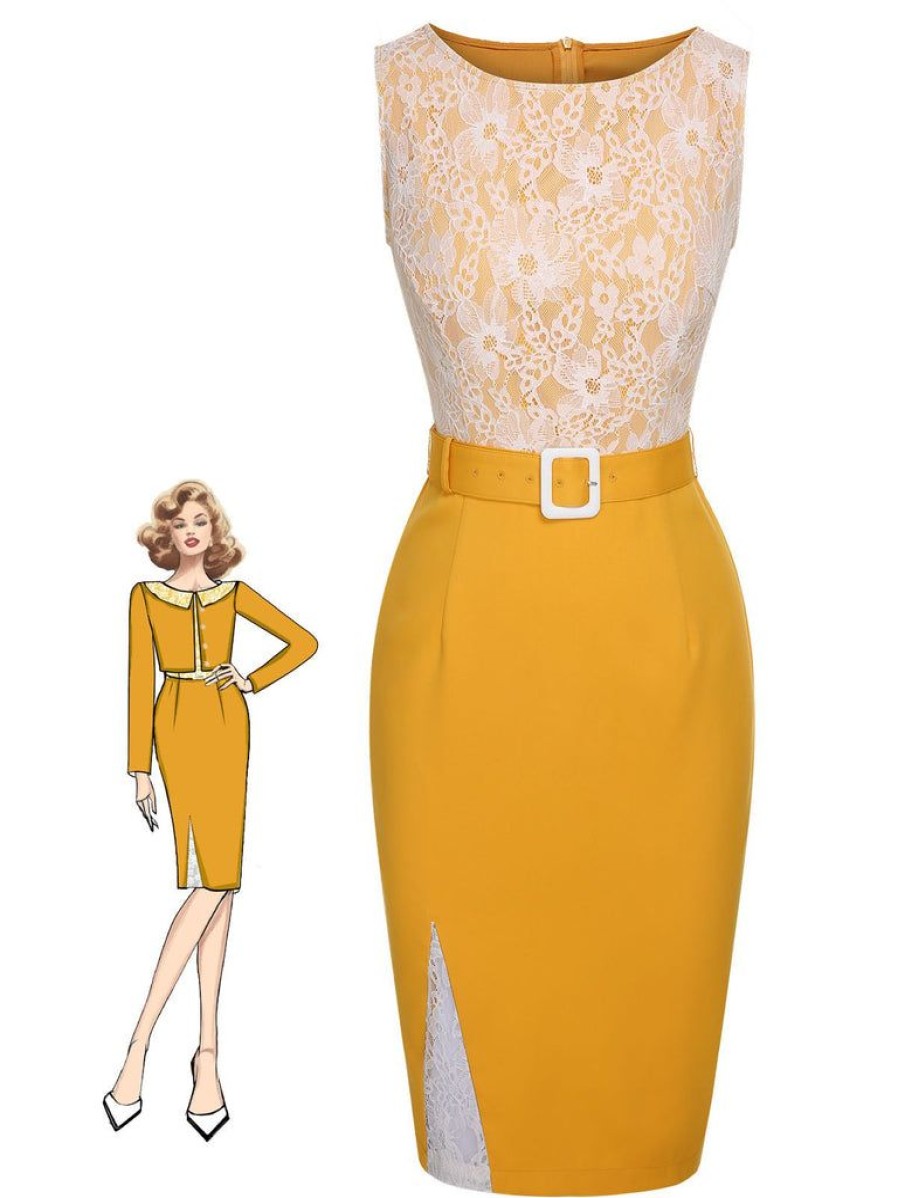 Clothing Retro Stage | 1960S Solid Lace Patchwork Belt Dress Yellow