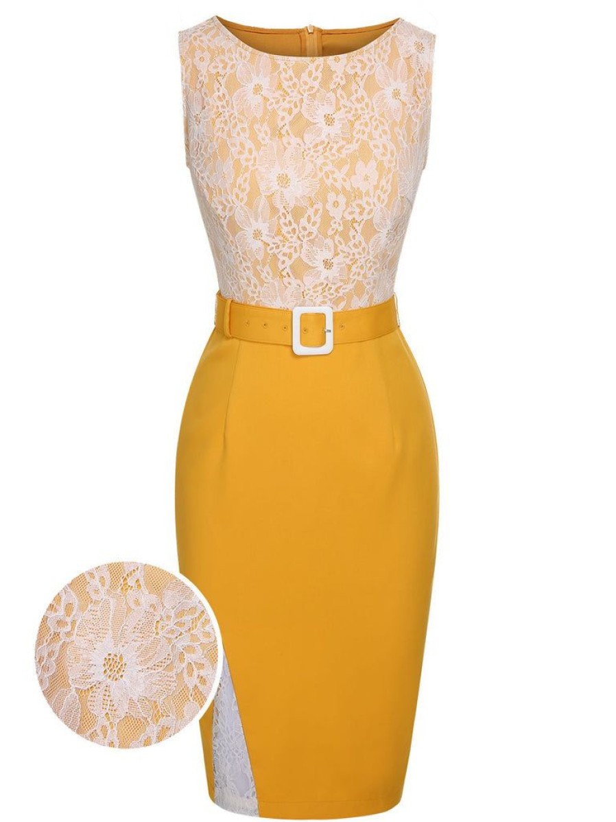 Clothing Retro Stage | 1960S Solid Lace Patchwork Belt Dress Yellow