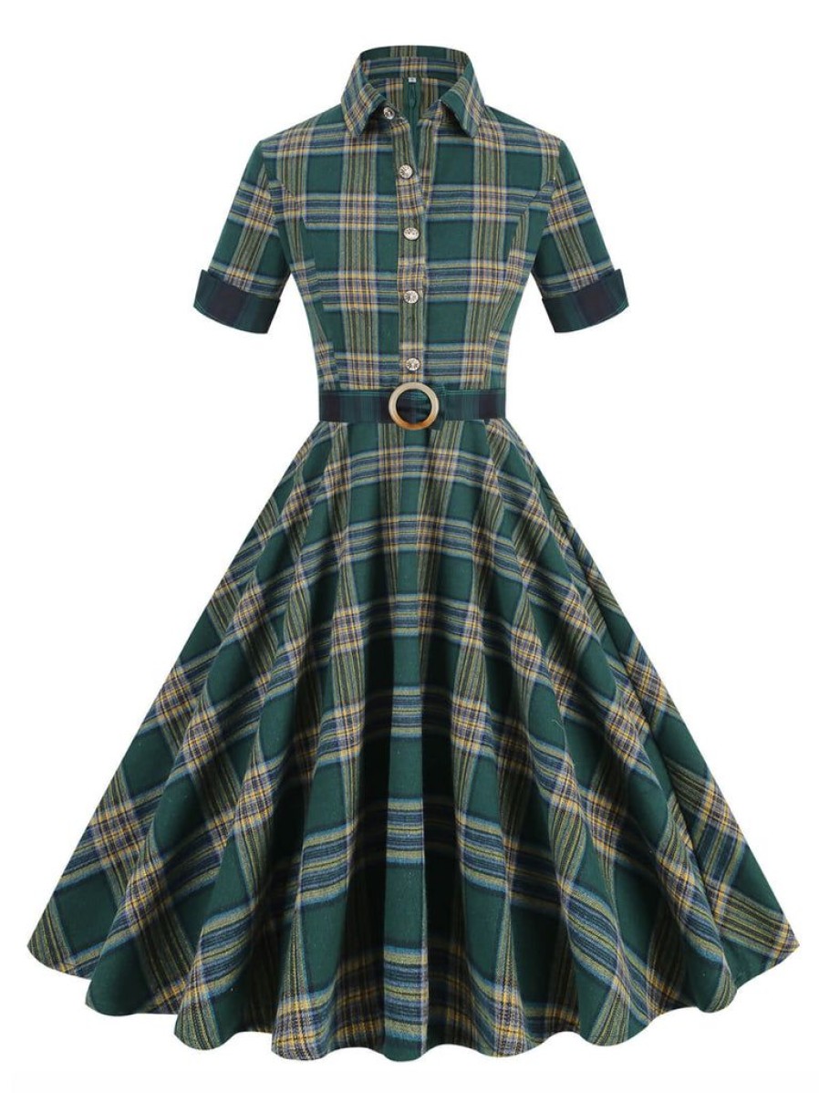 Clothing Retro Stage | 1950S Lapel Plaid Dress Dark Army Green