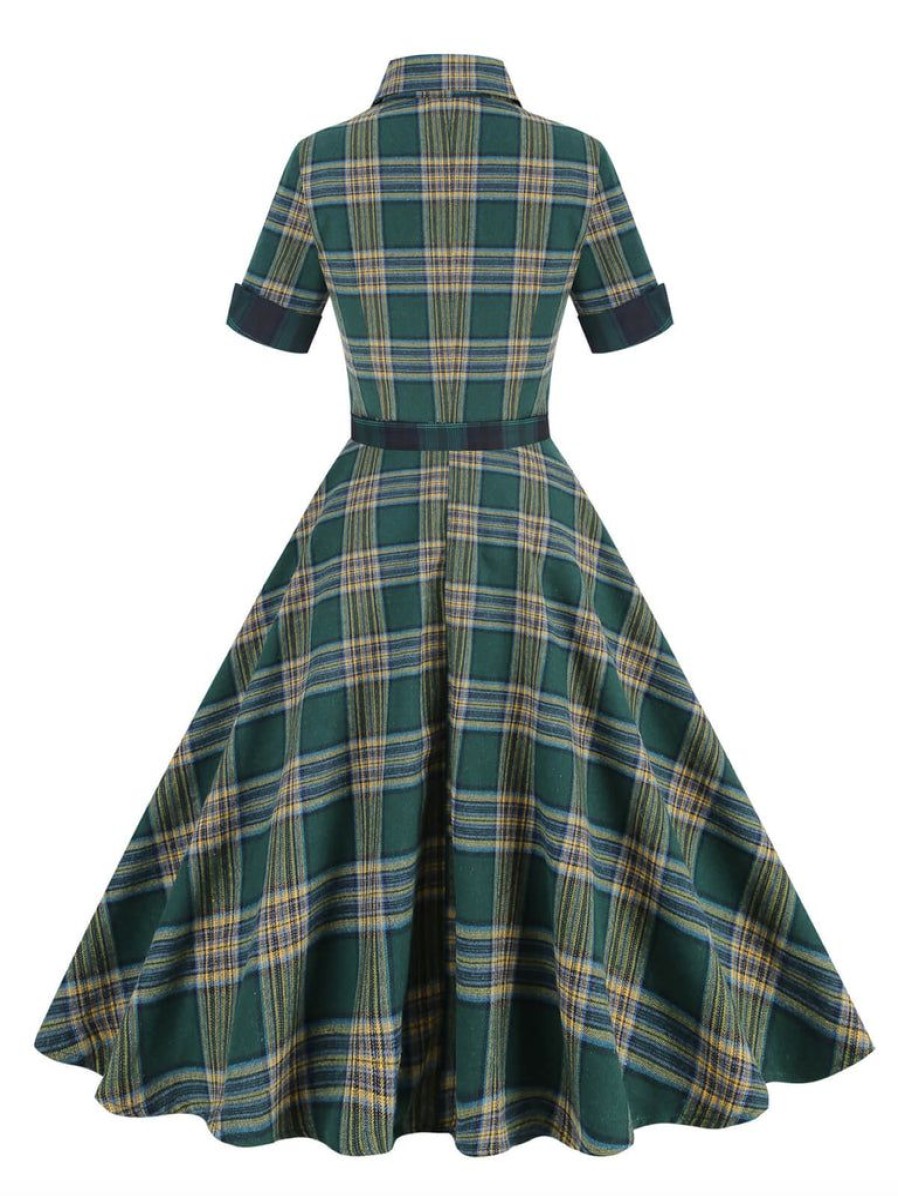 Clothing Retro Stage | 1950S Lapel Plaid Dress Dark Army Green