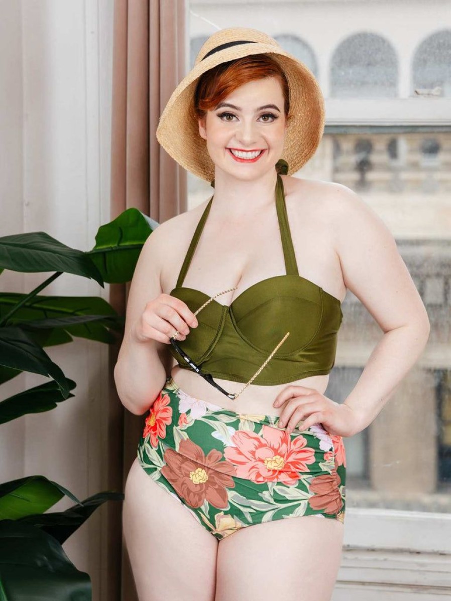 Clothing Retro Stage | Lace-Up Halter Flowers Bikini Set Olive