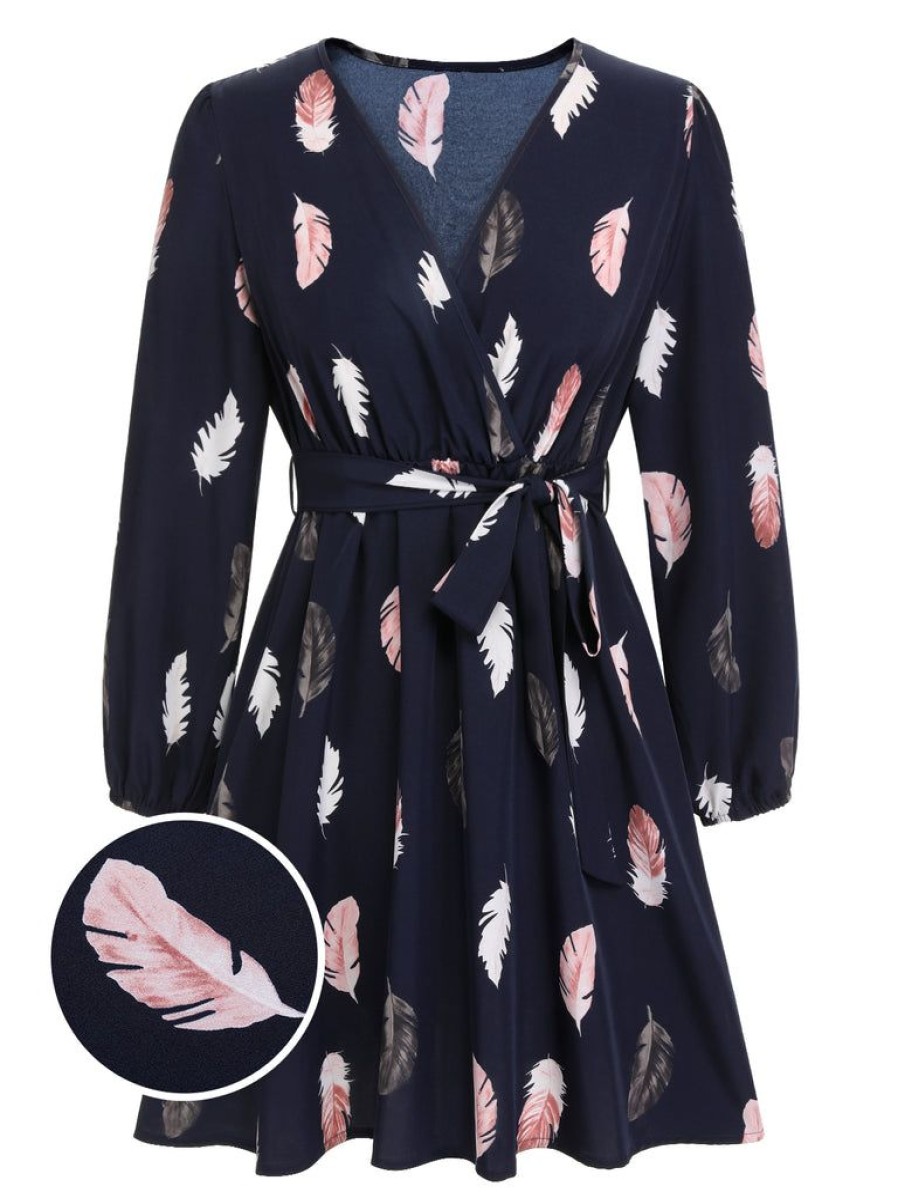 Clothing Retro Stage | [Plus Size] 1950S V-Neck Feather Waist Dress Blue