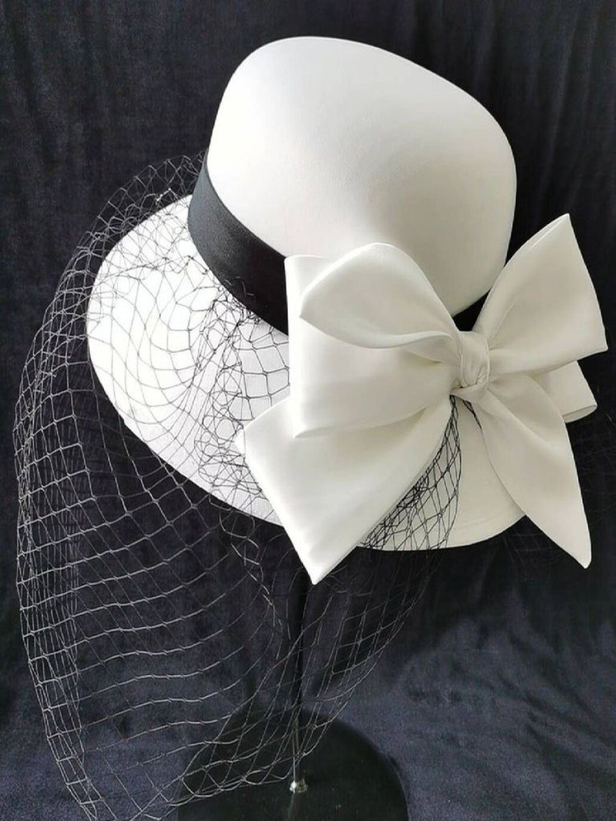 Accessories Retro Stage | White Bowknot Mesh Solid Hat