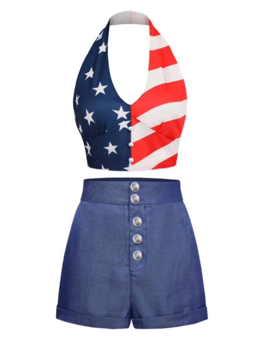 Clothing Retro Stage | 2Pcs 1950S Patchwork Flag Tops & Denim Blue Shorts Red & Navy Blue