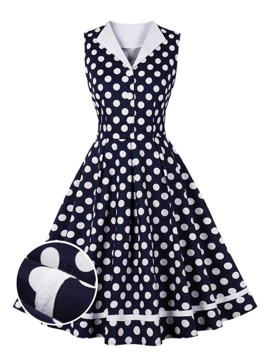 Clothing Retro Stage | 1950S Polka Dots Lapel Dress Navy Blue