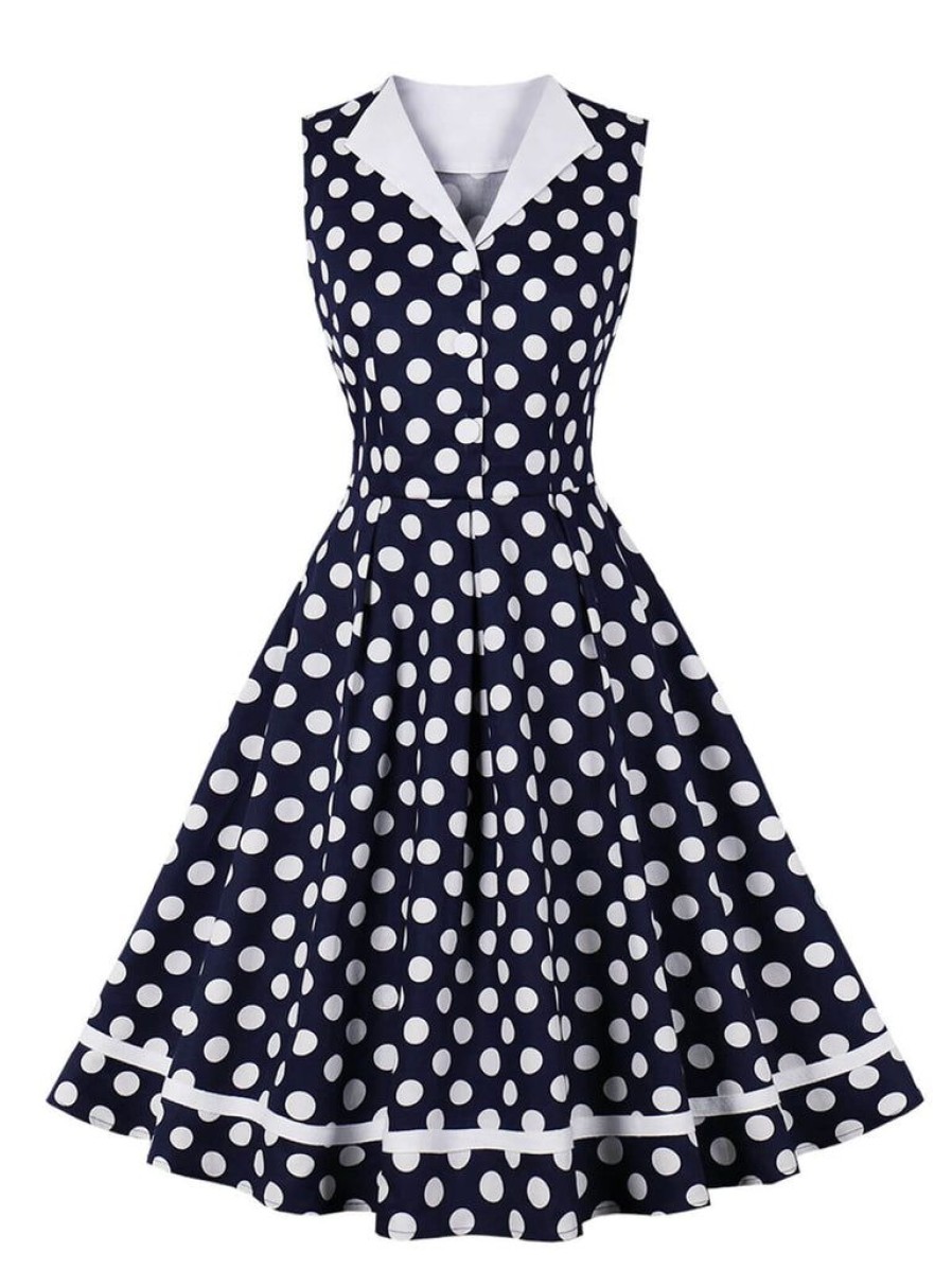 Clothing Retro Stage | 1950S Polka Dots Lapel Dress Navy Blue