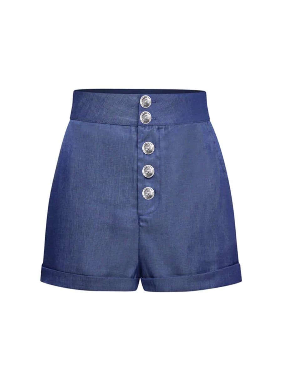 Clothing Retro Stage | Denim 1950S Solid Buttons Shorts Blue