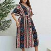 Clothing Retro Stage | [Plus Size] 1950S V-Neck Geometric Tie Waist Dress Multicolor