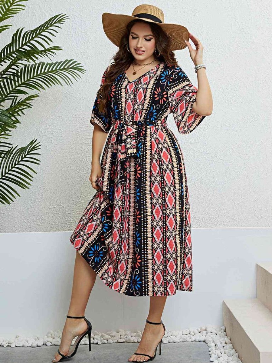 Clothing Retro Stage | [Plus Size] 1950S V-Neck Geometric Tie Waist Dress Multicolor