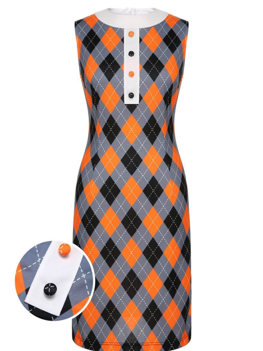 Clothing Retro Stage | 1960S Color Block Argyle Shift Dress Orange