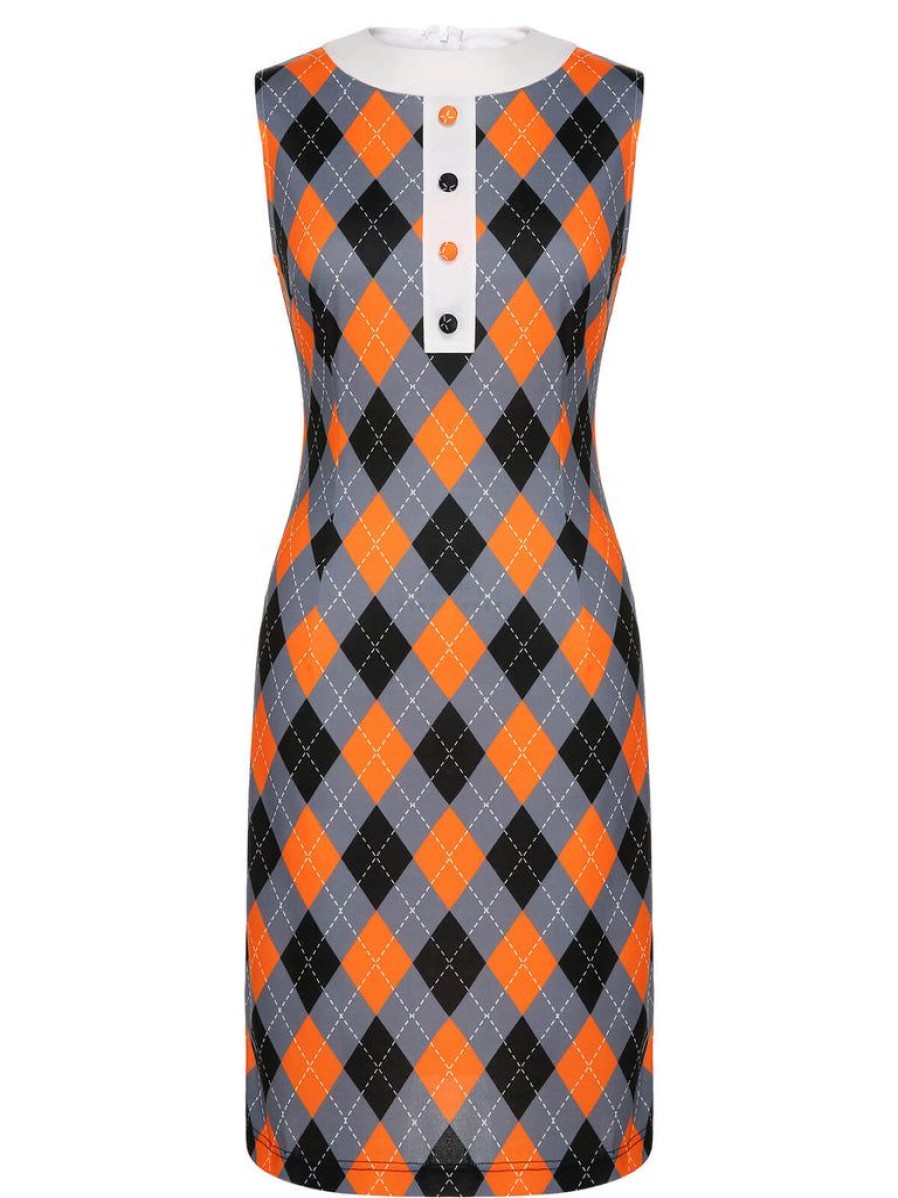 Clothing Retro Stage | 1960S Color Block Argyle Shift Dress Orange